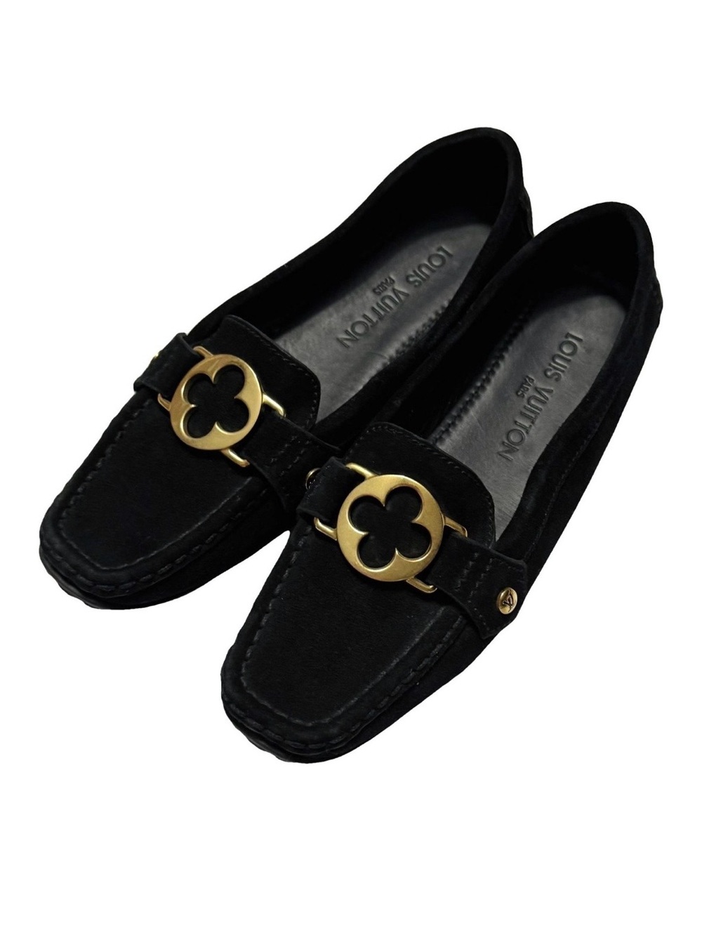 Louis Vuitton AUTHENTIC Vintage 2006 Black Suede Gold Loafers Driving Shoes 36.5